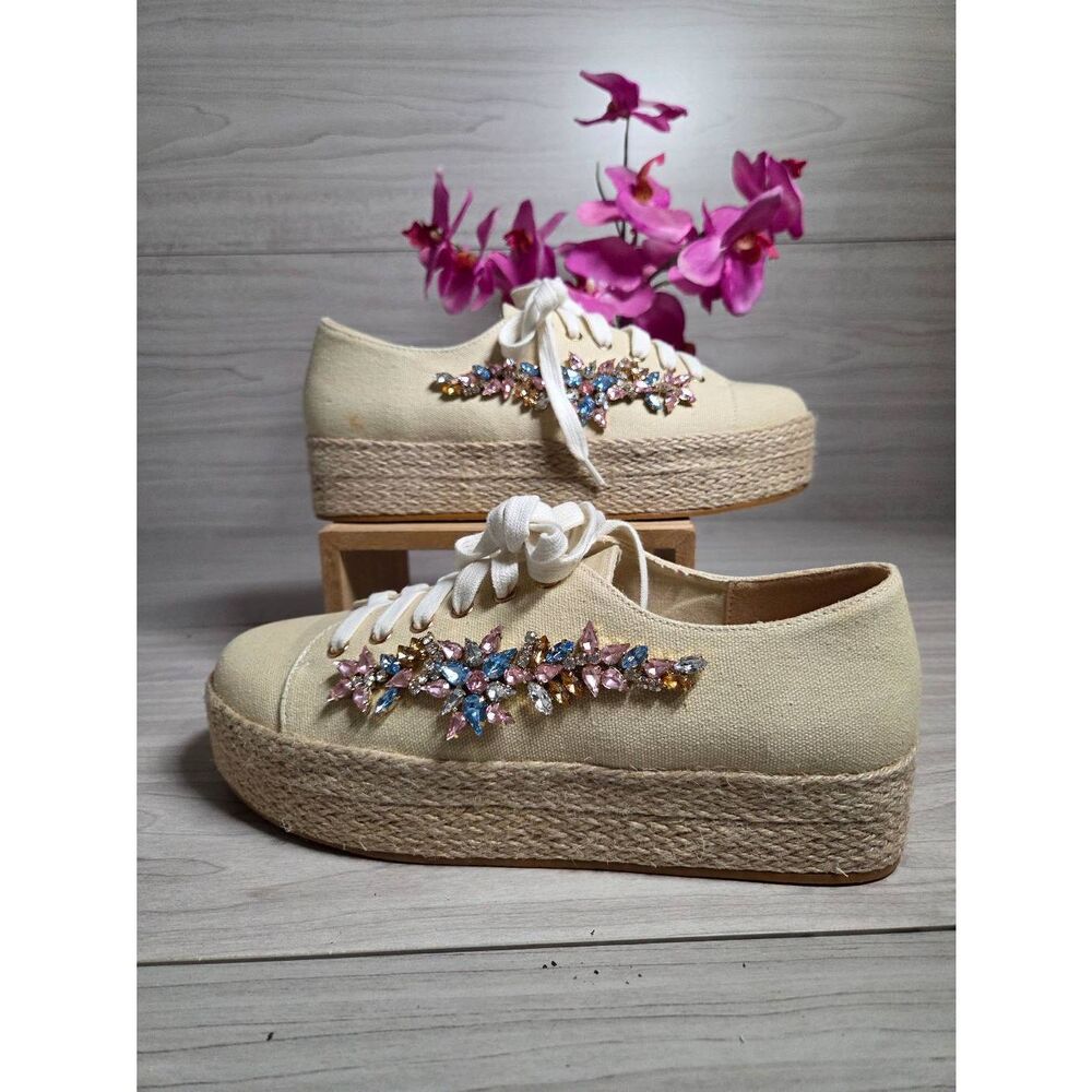 ​Venus Embellished Platform Espadrille Sneakers Canvas Jeweled Cream 8.5